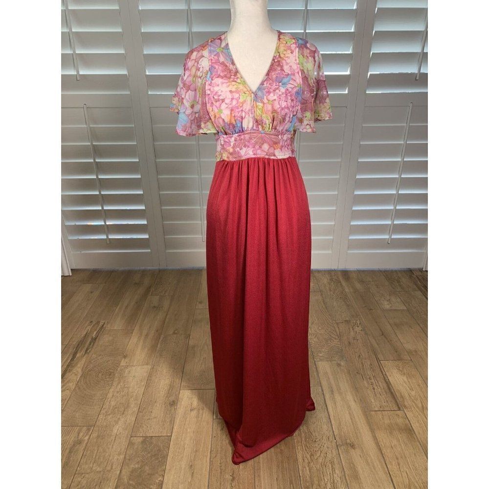 Vtg 70s Roberta California Red Pink Chiffon Floral Maxi Dress S 5 Boho Hippie